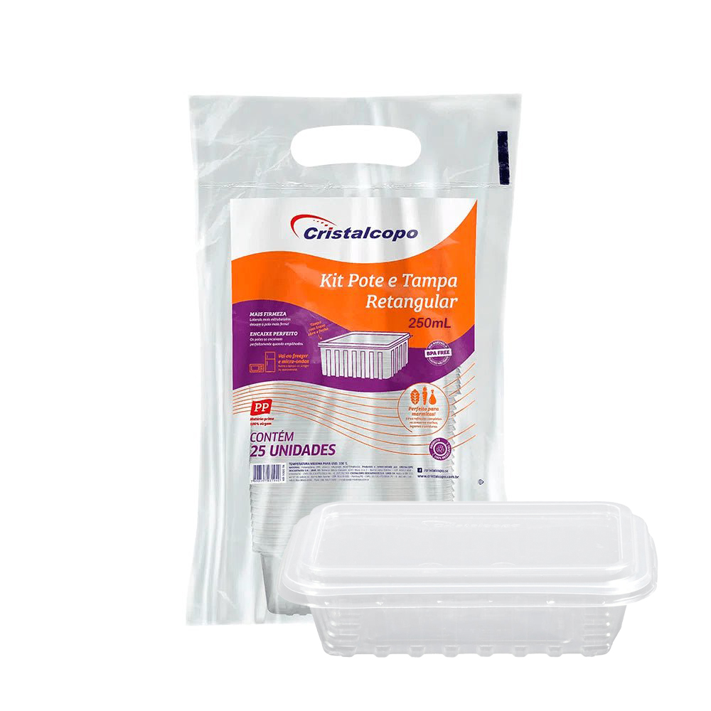 POTE COM TAMPA RETANGULAR TRANSPARENTE 250ML CRISTALCOPO