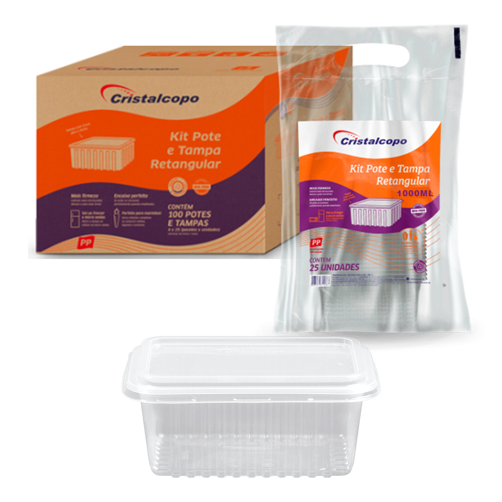 POTE COM TAMPA RETANGULAR TRANSPARENTE 1000ML CRISTALCOPO
